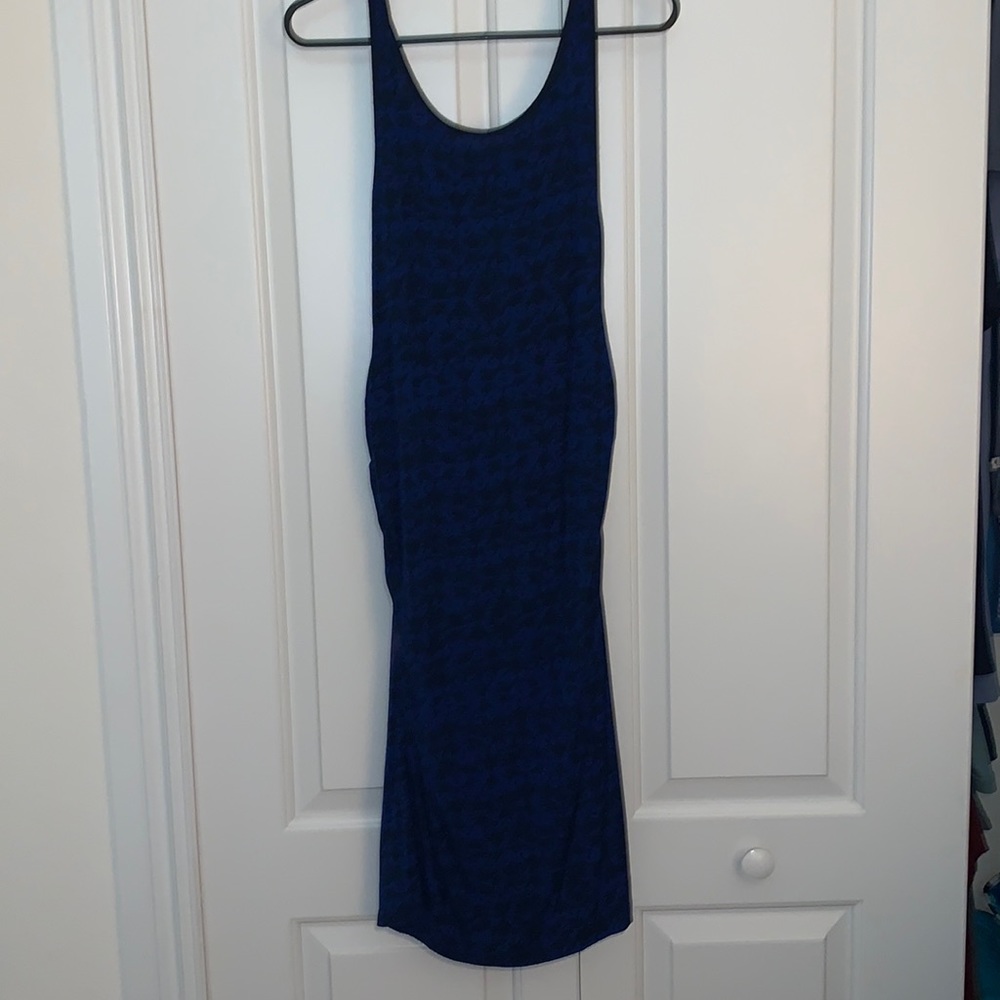 Blue patterned maternity dress.